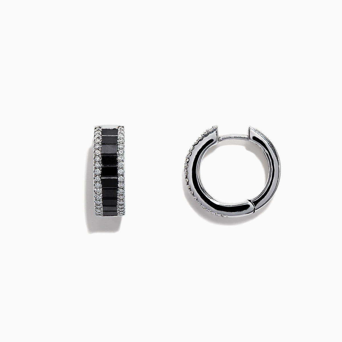 14K White Gold Black and White Diamond Hoop Earrings, 1.57 TCW, featuring black rectangular stones flanked by rows of clear round stones, are displayed on a white background.