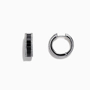 14K White Gold Black and White Diamond Hoop Earrings, 1.57 TCW, featuring black rectangular stones flanked by rows of clear round stones, are displayed on a white background.