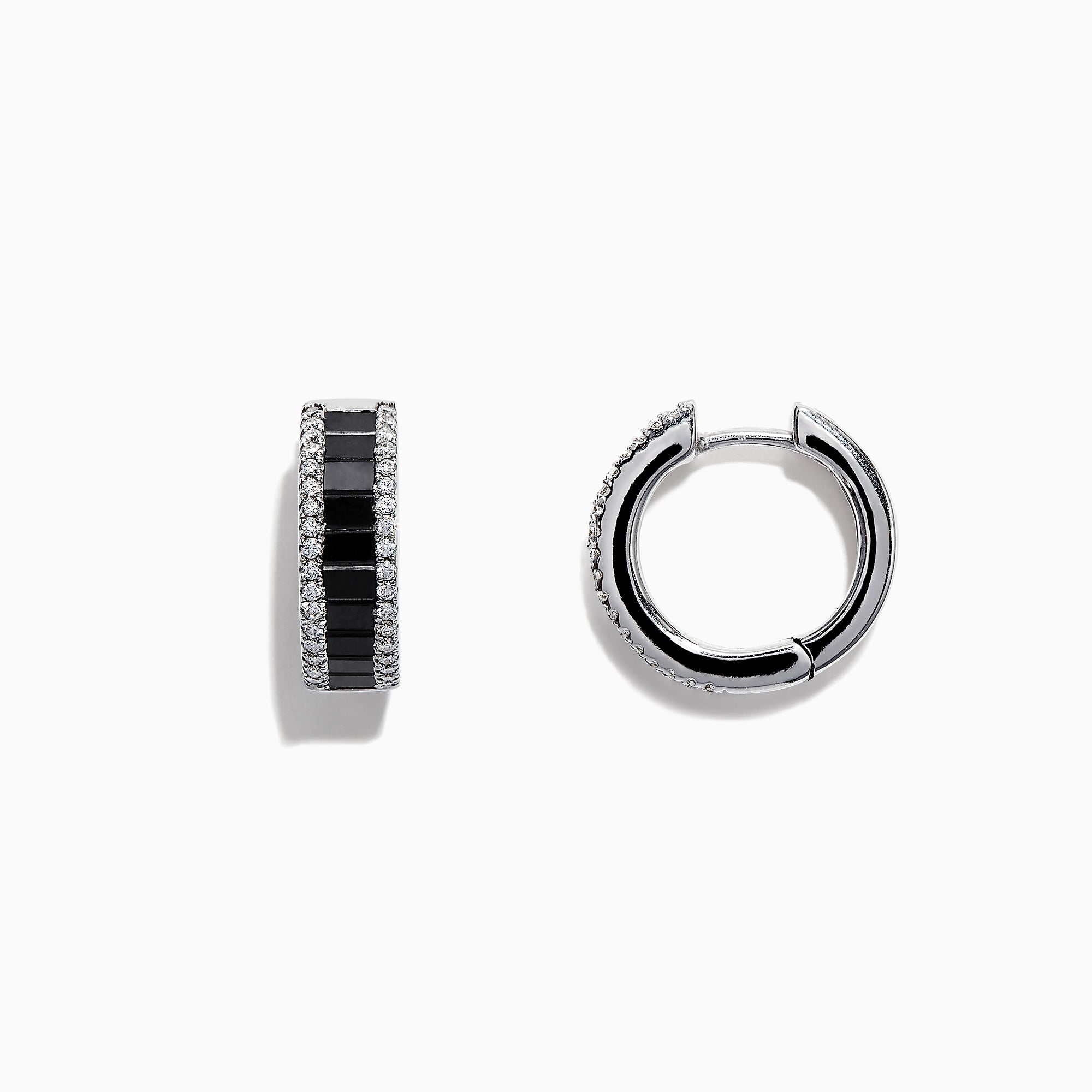 14K White Gold Black and White Diamond Hoop Earrings, 1.57 TCW, featuring black rectangular stones flanked by rows of clear round stones, are displayed on a white background.