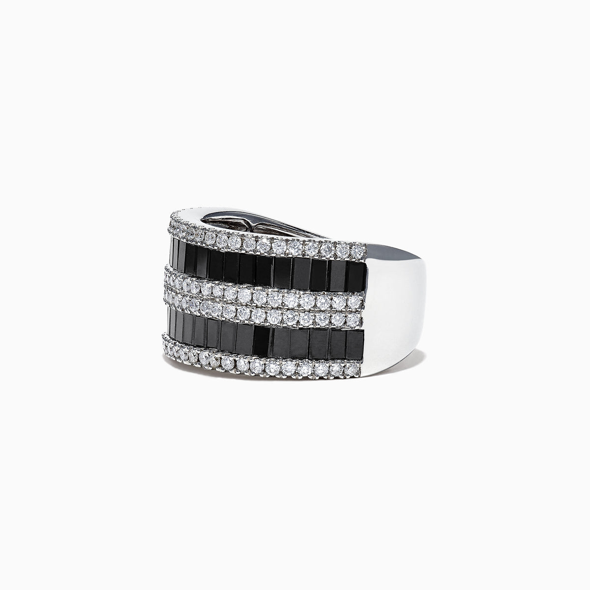 The 14K White Gold Black and White Diamond Ring, 2.48 TCW, features alternating rows of rectangular black and white diamonds in a sleek band, elegantly displayed against a white background.