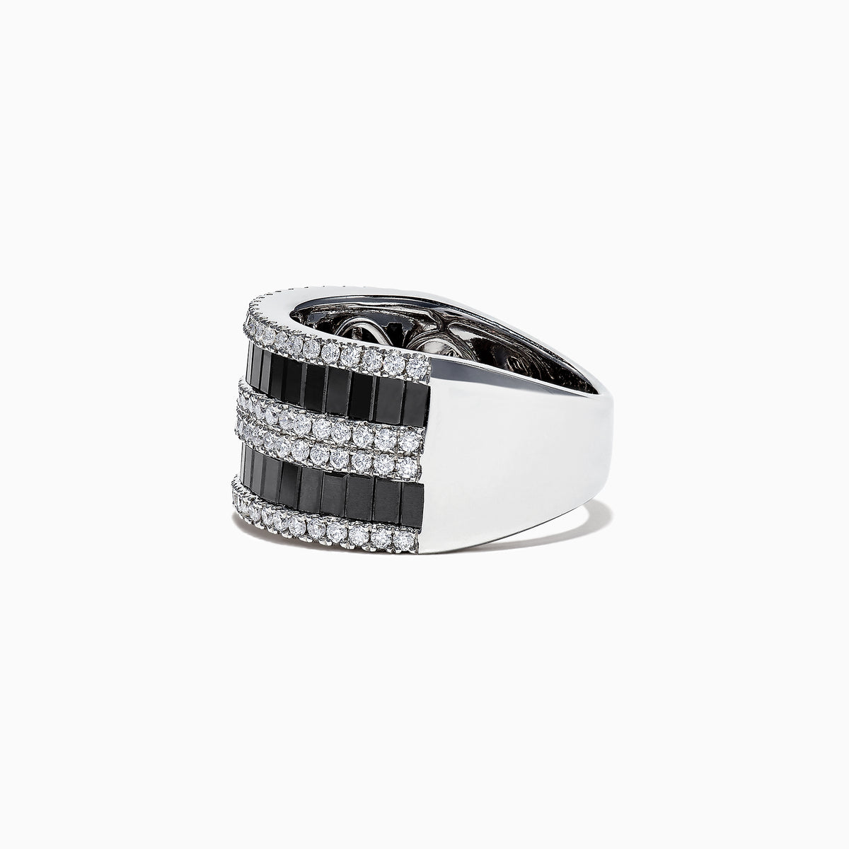 The 14K White Gold Black and White Diamond Ring, 2.48 TCW, features alternating rows of rectangular black and white diamonds in a sleek band, elegantly displayed against a white background.