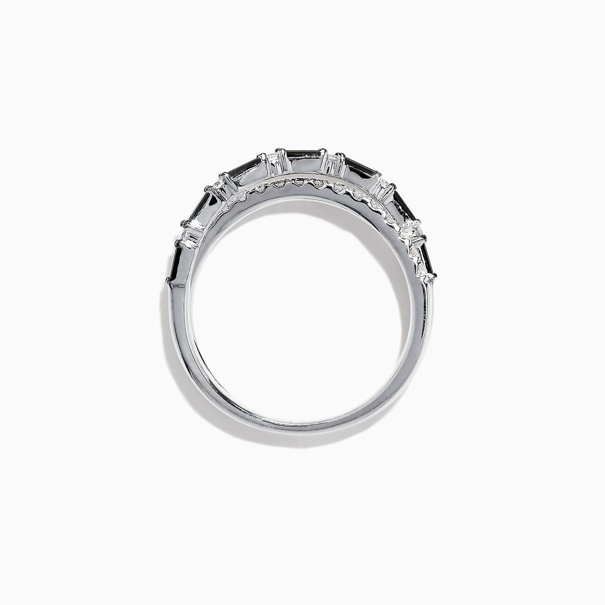 The 14K White Gold Black and White Diamond Crossover Ring, 0.77 TCW, features two intertwined bands with alternating black and white diamonds, displayed on a white background.