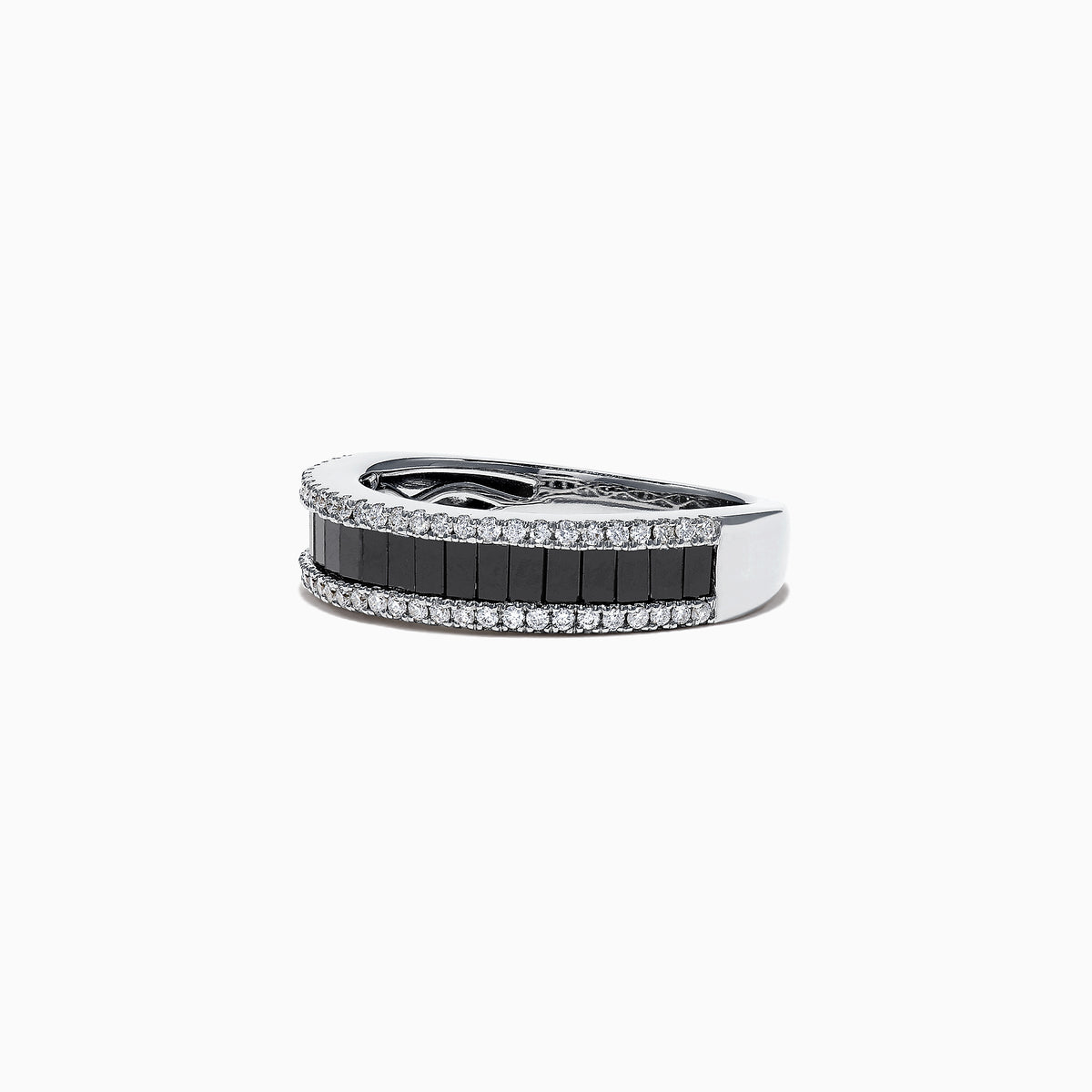 The 14K White Gold Black and White Diamond Band Ring, 1.06 TCW, showcases a row of rectangular black diamonds framed by two rows of round white diamonds on a sleek white gold band.