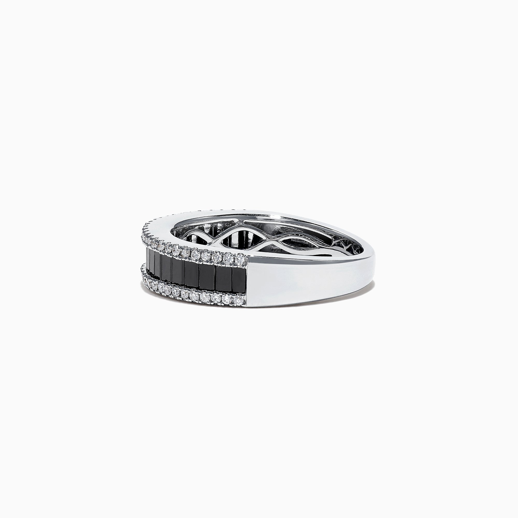 The 14K White Gold Black and White Diamond Band Ring, 1.06 TCW, showcases a row of rectangular black diamonds framed by two rows of round white diamonds on a sleek white gold band.