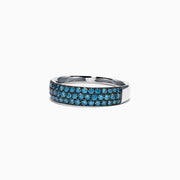 The Bella Bleu 14K White Gold Blue Diamond Band Ring, 0.87 TCW, showcases three rows of round blue diamonds set closely together across the band. The display features a plain white background.