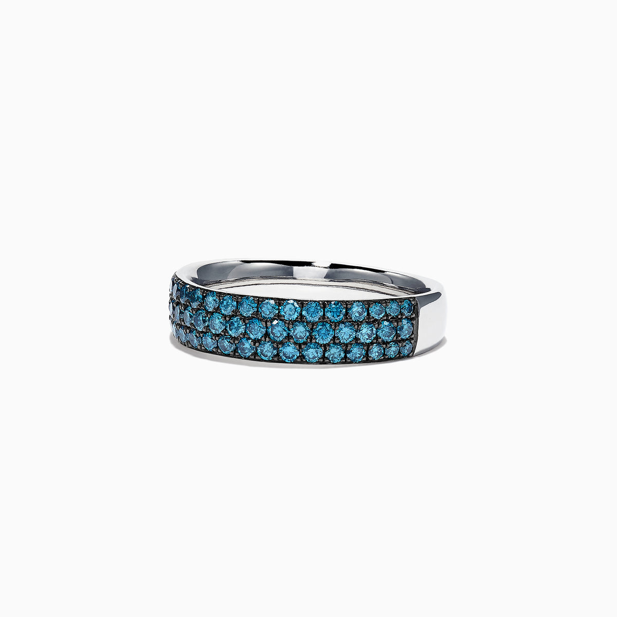 The Bella Bleu 14K White Gold Blue Diamond Band Ring, 0.87 TCW, showcases three rows of round blue diamonds set closely together across the band. The display features a plain white background.