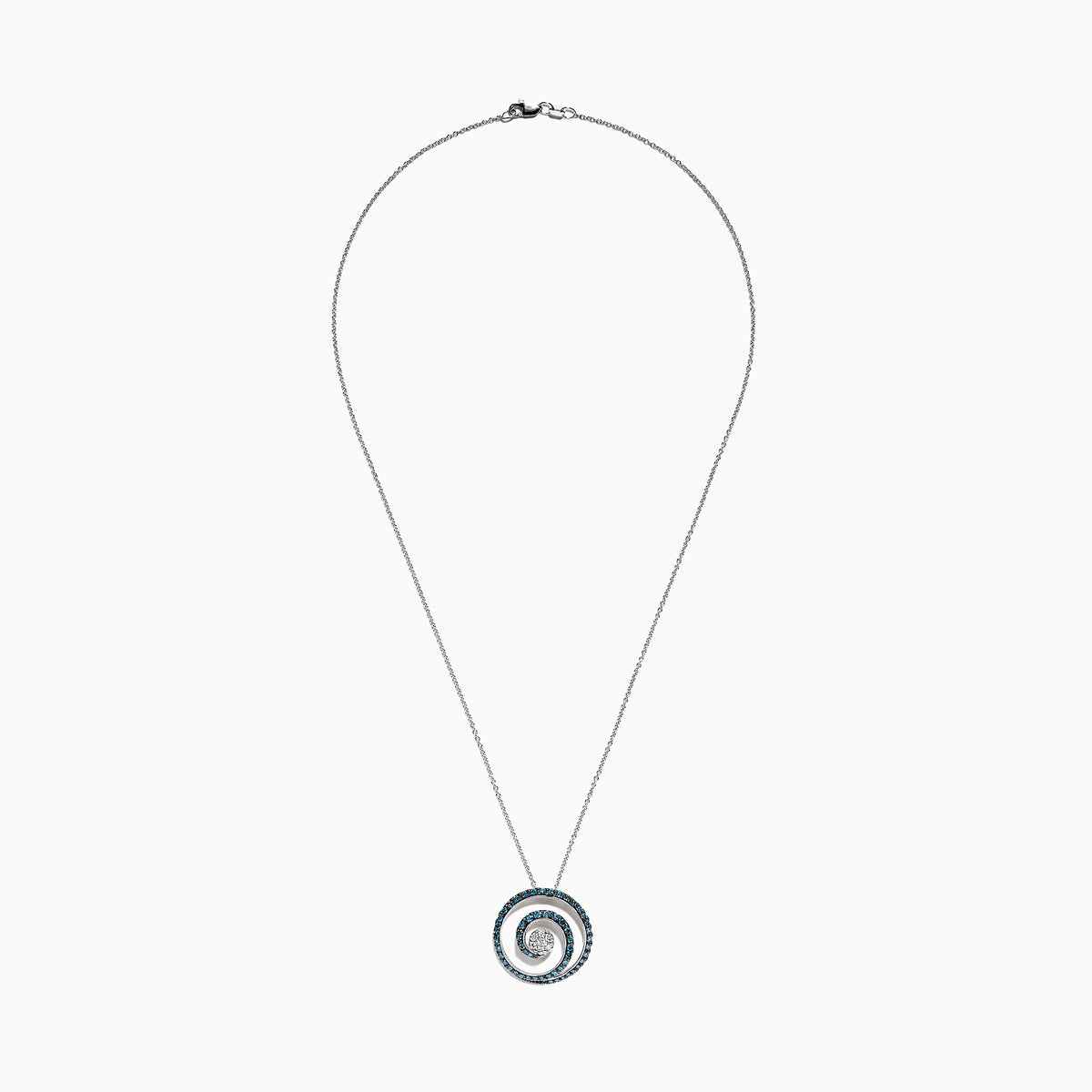 A Bella Bleu 14K white gold necklace featuring a spiral pendant with blue and white diamonds, 1.18 TCW, suspended from a delicate chain.