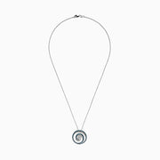 A Bella Bleu 14K white gold necklace featuring a spiral pendant with blue and white diamonds, 1.18 TCW, suspended from a delicate chain.