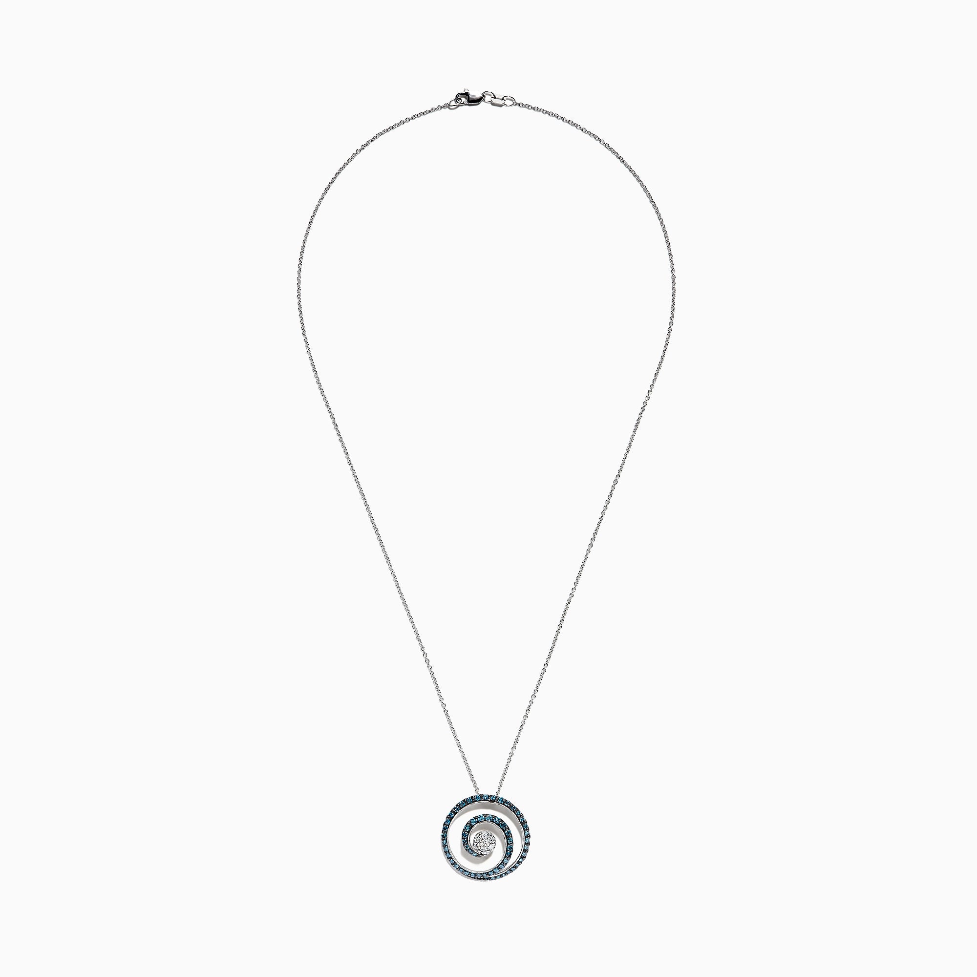 A Bella Bleu 14K white gold necklace featuring a spiral pendant with blue and white diamonds, 1.18 TCW, suspended from a delicate chain.