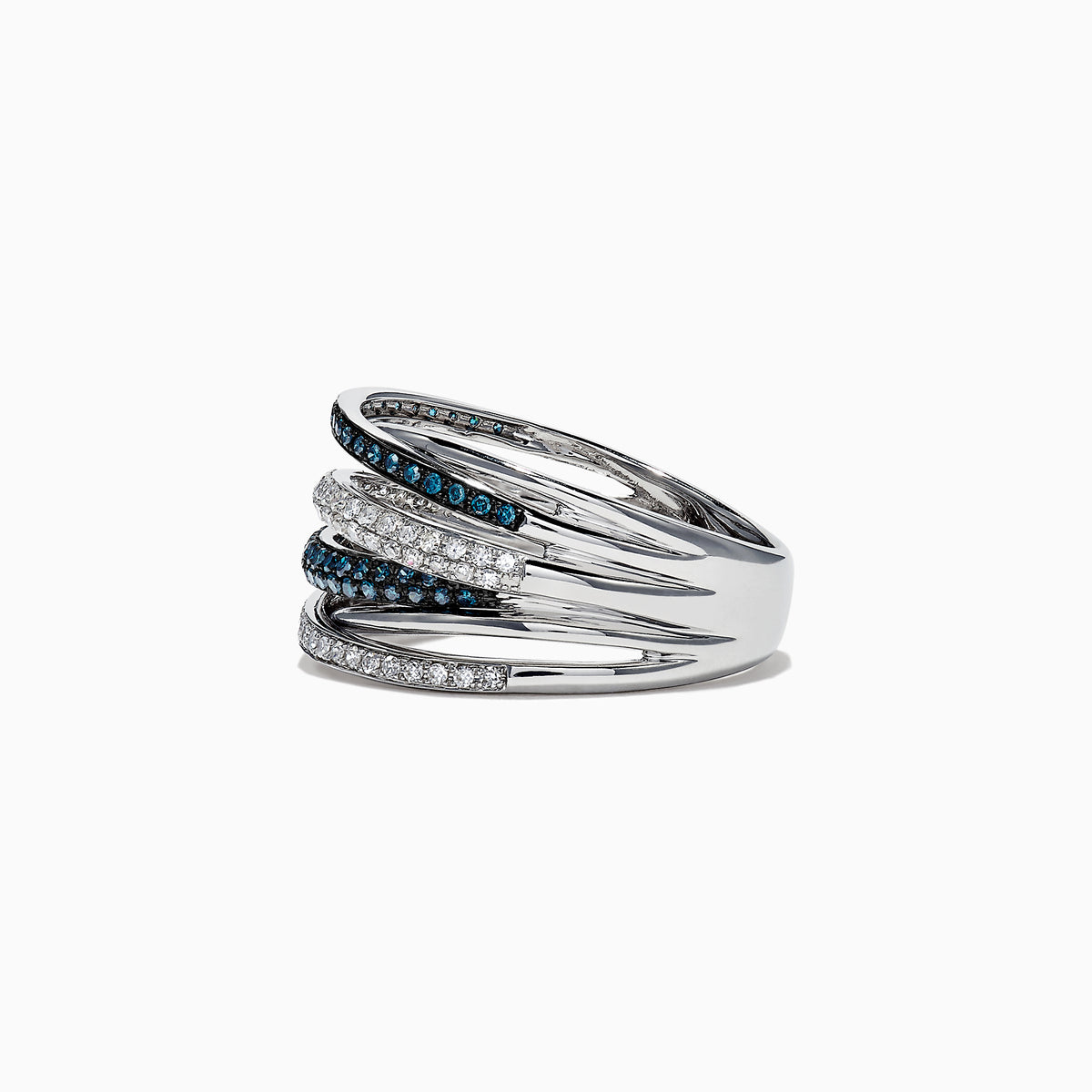 The Bella Bleu 14K White Gold Blue and White Diamond Ring, 0.56 TCW, features intertwined bands set with sparkling blue and white diamonds, beautifully displayed against a white background.