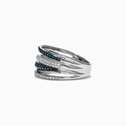 The Bella Bleu 14K White Gold Blue and White Diamond Ring, 0.56 TCW, features intertwined bands set with sparkling blue and white diamonds, beautifully displayed against a white background.