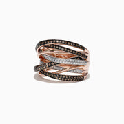 The 14K Rose Gold Espresso and White Diamond Ring features intertwining rows of black and white diamonds, totaling 0.74 TCW, creating an elegant wavy design against a white background.