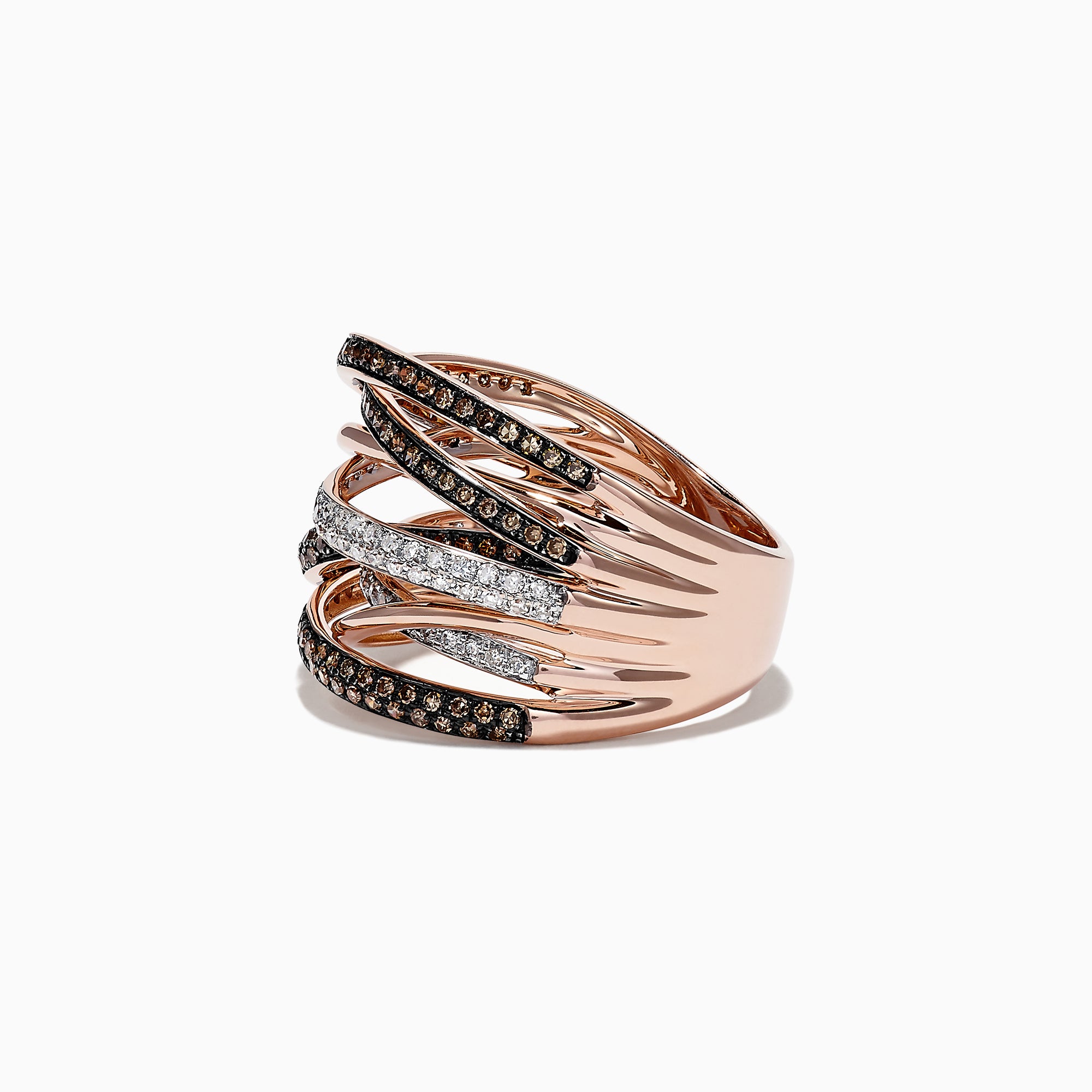 The 14K Rose Gold Espresso and White Diamond Ring features intertwining rows of black and white diamonds, totaling 0.74 TCW, creating an elegant wavy design against a white background.