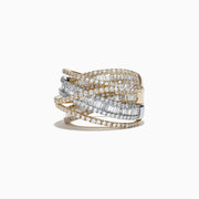 The Duo 14K White and Yellow Gold Diamond Crossover Ring features crisscrossed bands adorned with round and baguette-cut diamonds, showcasing an intricate design with a total carat weight of 2.75.