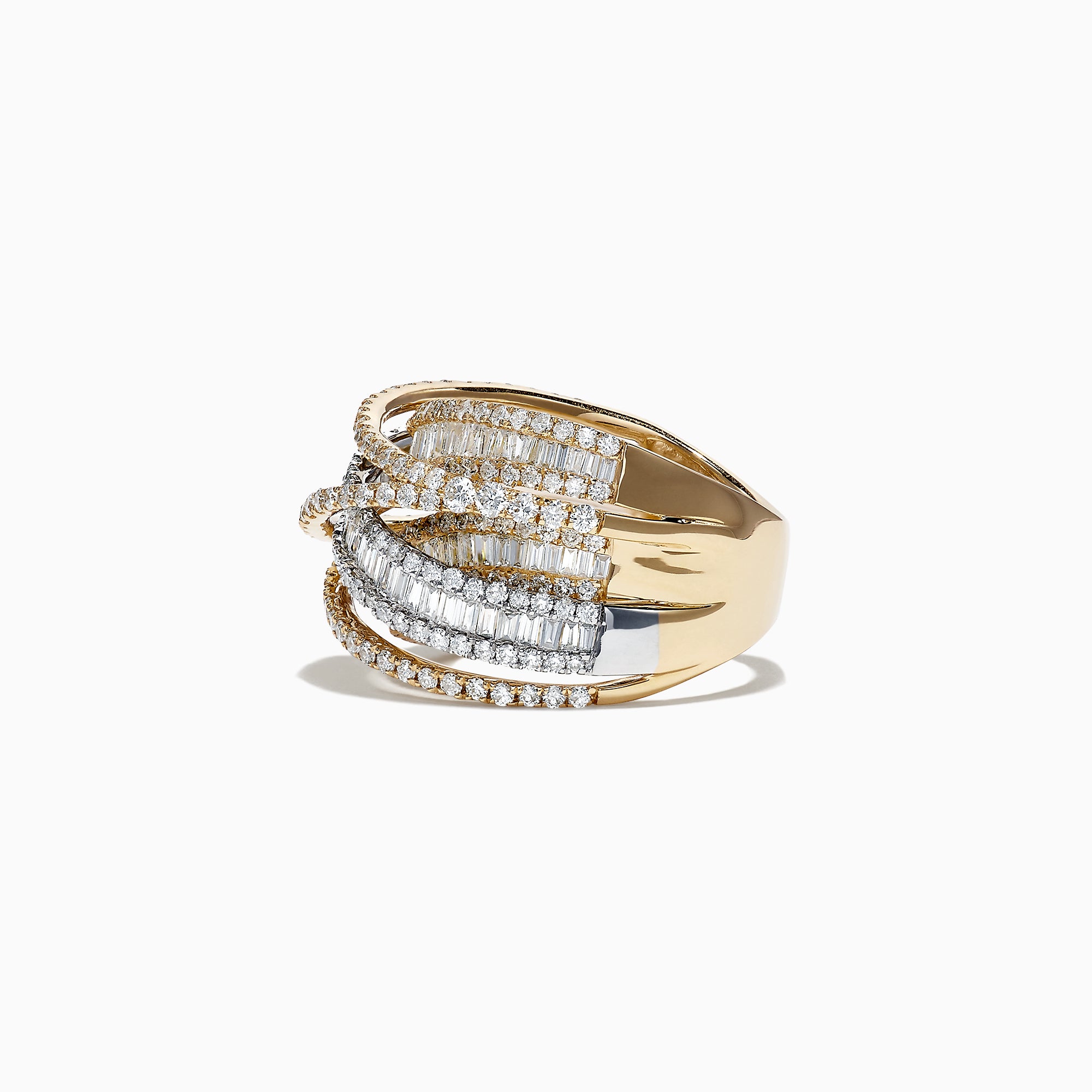 The Duo 14K White and Yellow Gold Diamond Crossover Ring features crisscrossed bands adorned with round and baguette-cut diamonds, showcasing an intricate design with a total carat weight of 2.75.