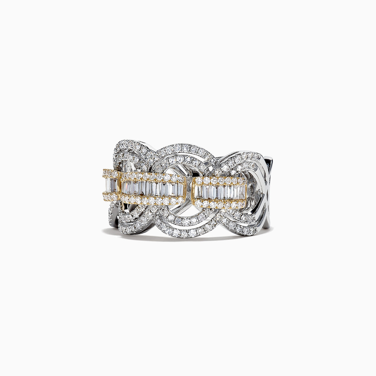 Duo 14K White and Yellow Gold Diamond Ring, 1.09 TCW, showcases interlocking loops with pavé-set and baguette diamonds in a central row, bordered by gold accents for an intricate Effy Duo design.