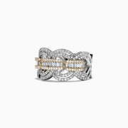 Duo 14K White and Yellow Gold Diamond Ring, 1.09 TCW, showcases interlocking loops with pavé-set and baguette diamonds in a central row, bordered by gold accents for an intricate Effy Duo design.