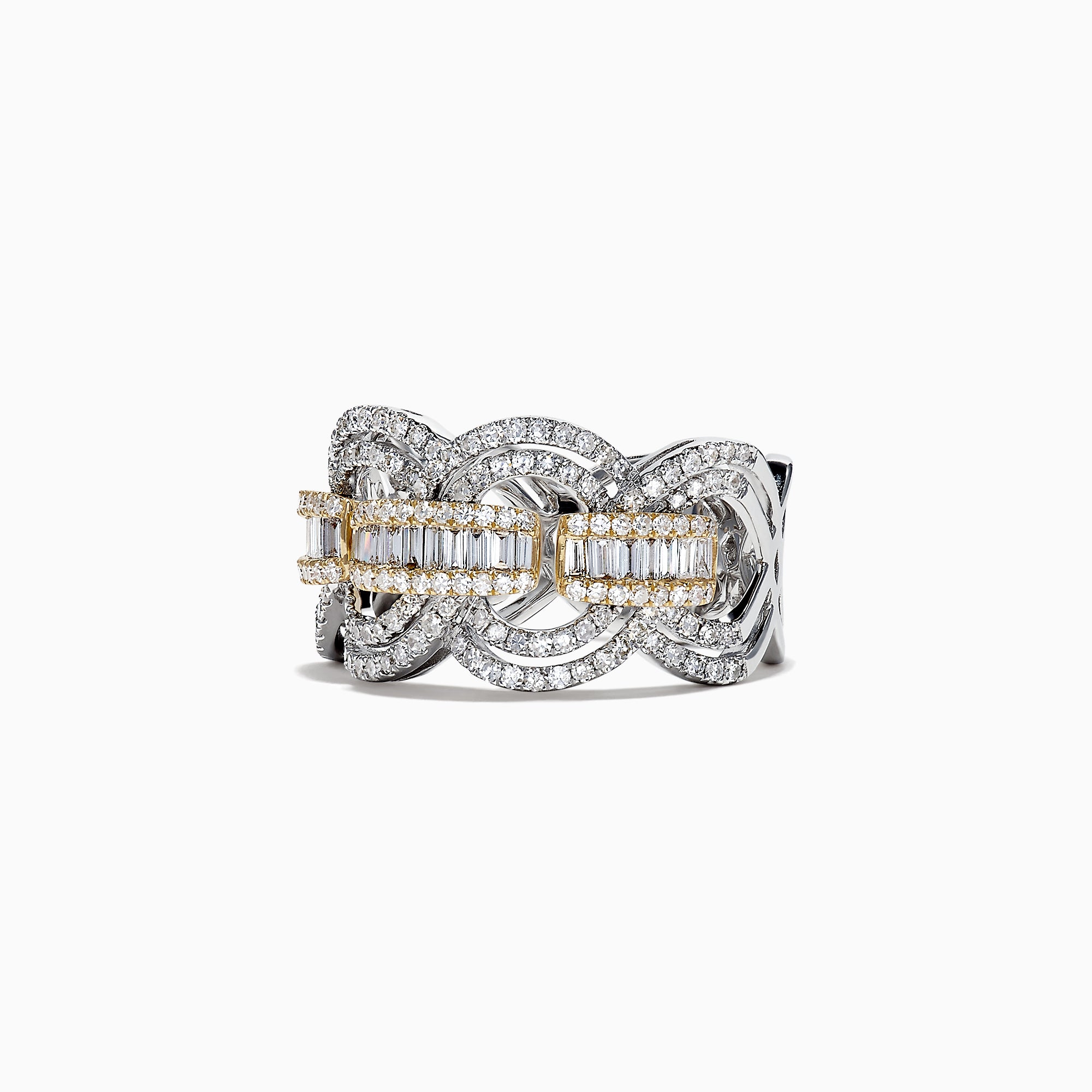 Duo 14K White and Yellow Gold Diamond Ring, 1.09 TCW, showcases interlocking loops with pavé-set and baguette diamonds in a central row, bordered by gold accents for an intricate Effy Duo design.