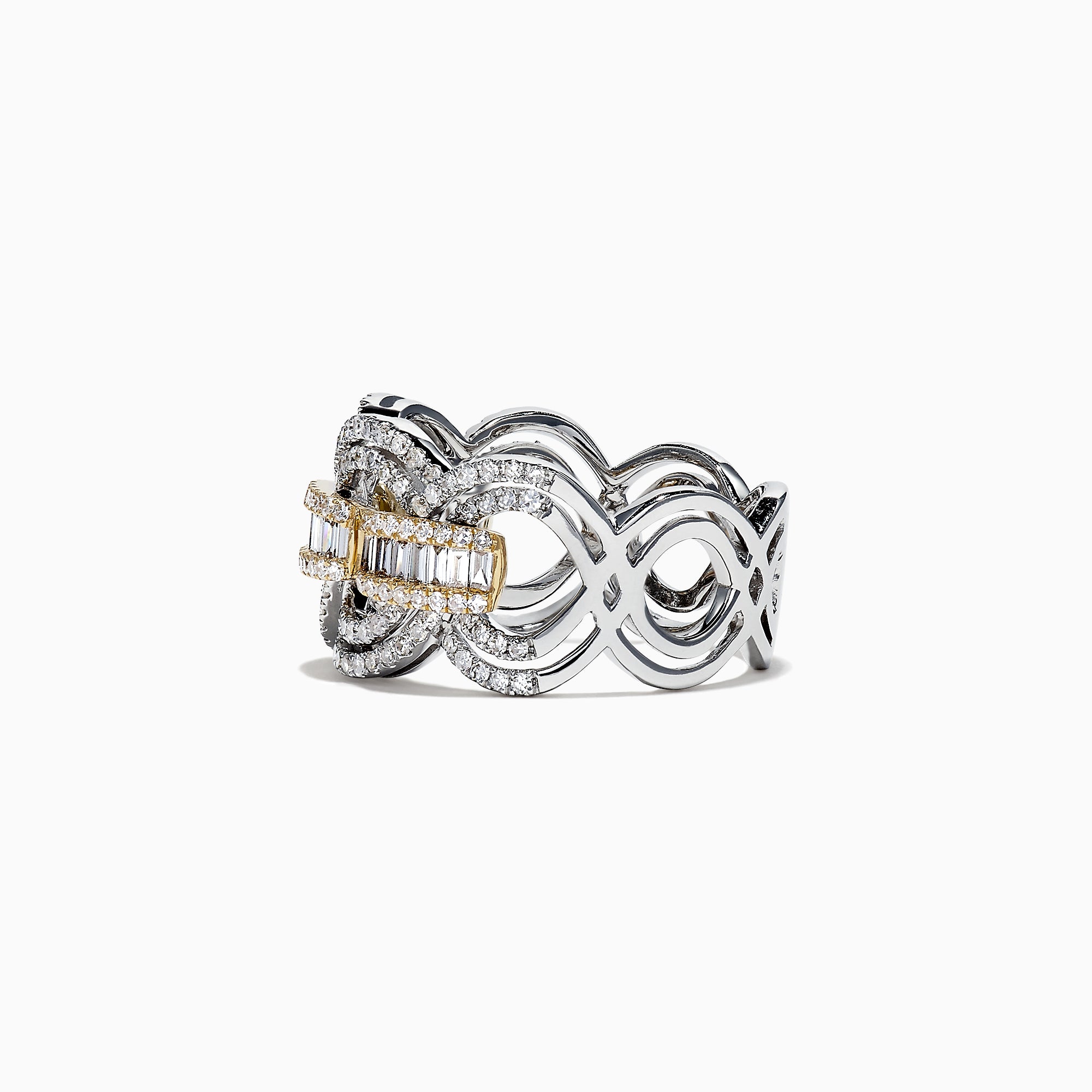 Duo 14K White and Yellow Gold Diamond Ring, 1.09 TCW, showcases interlocking loops with pavé-set and baguette diamonds in a central row, bordered by gold accents for an intricate Effy Duo design.