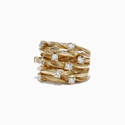 The DOro 14K Yellow Gold Diamond Ring, 0.98 TCW, features a wide textured braided design with multiple rows and evenly spaced round white diamonds on a plain white background.