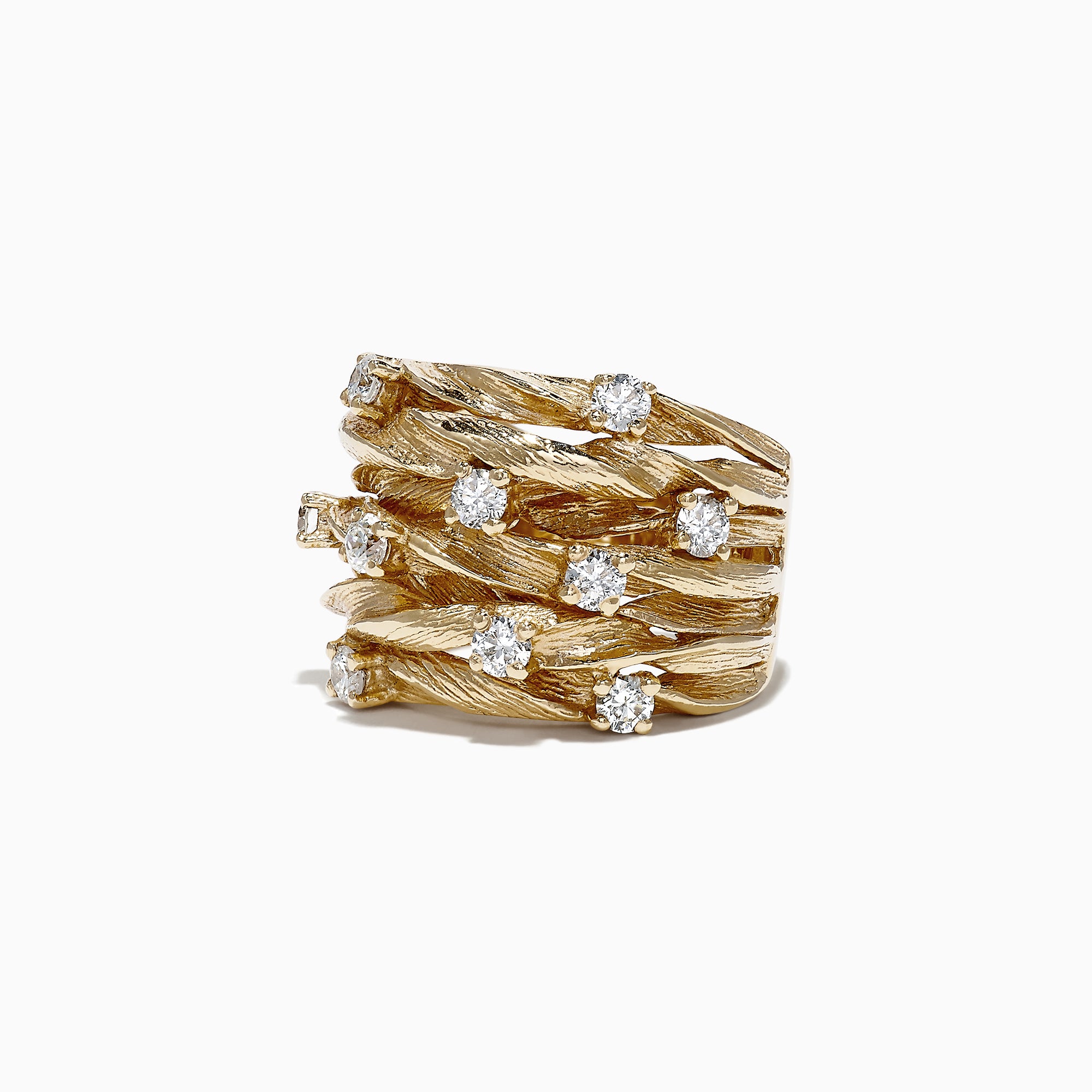 The DOro 14K Yellow Gold Diamond Ring, 0.98 TCW, features a wide textured braided design with multiple rows and evenly spaced round white diamonds on a plain white background.