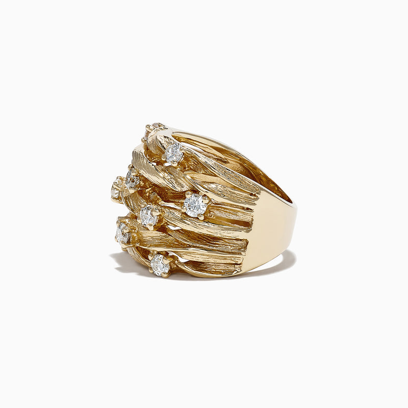The DOro 14K Yellow Gold Diamond Ring, 0.98 TCW, features a wide textured braided design with multiple rows and evenly spaced round white diamonds on a plain white background.