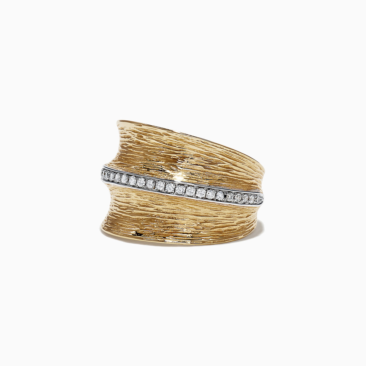 The DOro 14K Yellow Textured Gold Diamond Ring features a bark-like surface and a horizontal white gold band with sparkling diamonds, totaling 0.24 TCW—an elegant piece by Effy.