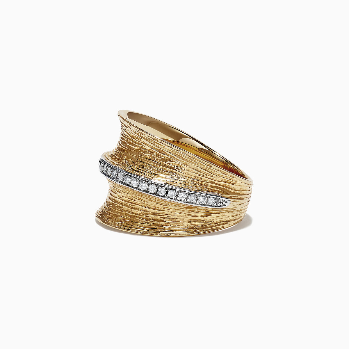 The DOro 14K Yellow Textured Gold Diamond Ring features a bark-like surface and a horizontal white gold band with sparkling diamonds, totaling 0.24 TCW—an elegant piece by Effy.