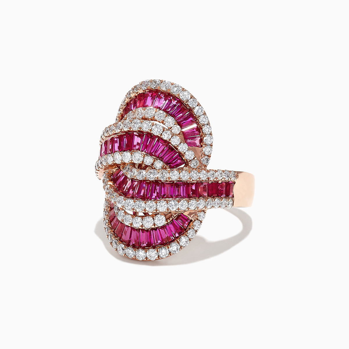 The Ruby Royale 14K Rose Gold Ruby and Diamond Cocktail Ring, 3.78 TCW, features intertwining rows of rectangular pink rubies and round white diamonds in an ornate, overlapping design, shown against a white background.