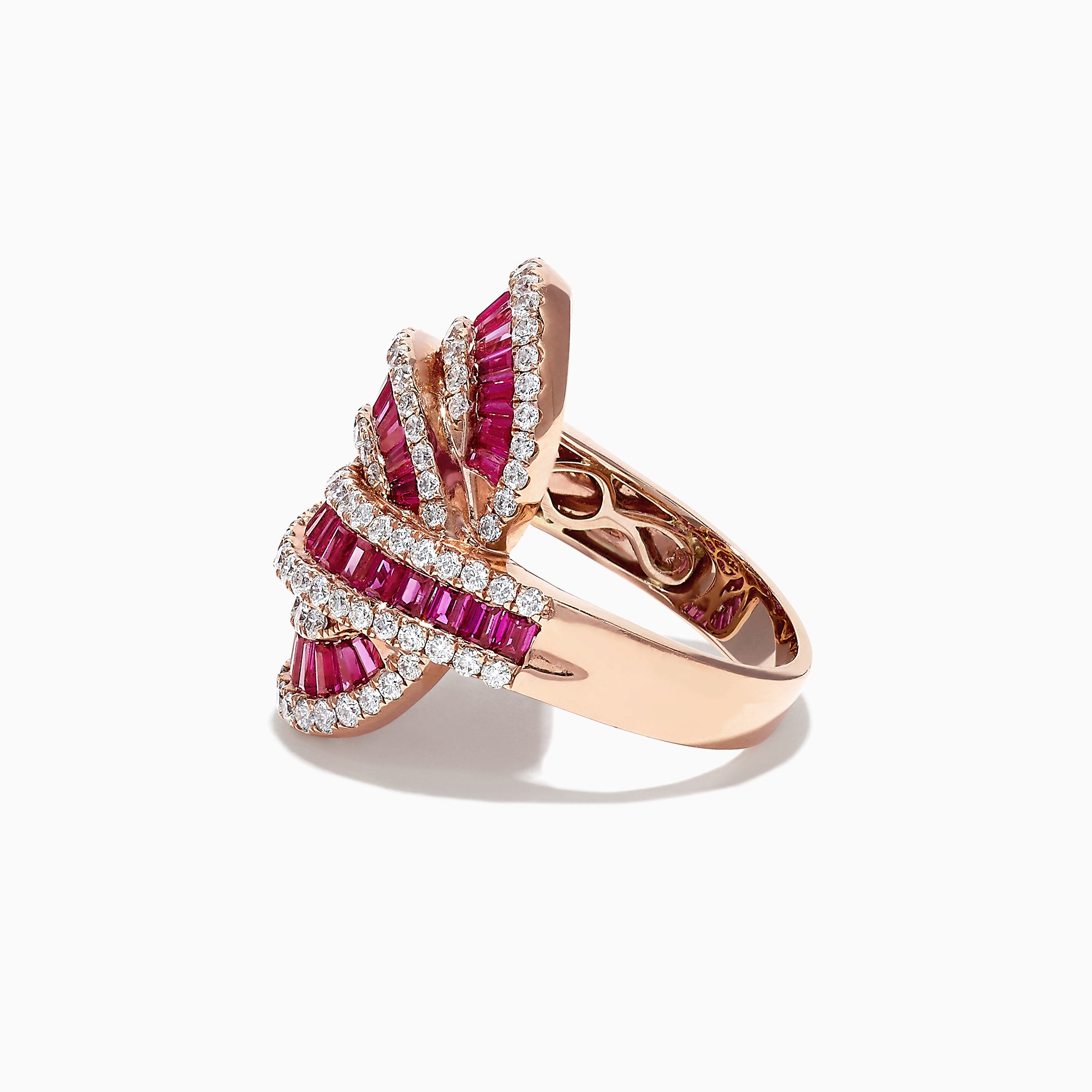 The Ruby Royale 14K Rose Gold Ruby and Diamond Cocktail Ring, 3.78 TCW, features intertwining rows of rectangular pink rubies and round white diamonds in an ornate, overlapping design, shown against a white background.