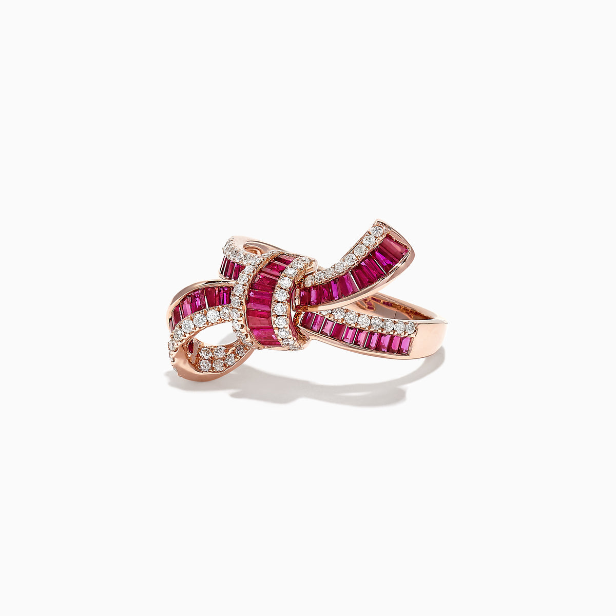 The Ruby Royale 14K Rose Gold Ruby and Diamond Bow Ring (1.61 TCW) showcases interwoven bands of rubies and white diamonds in a bow design, set against a white background.