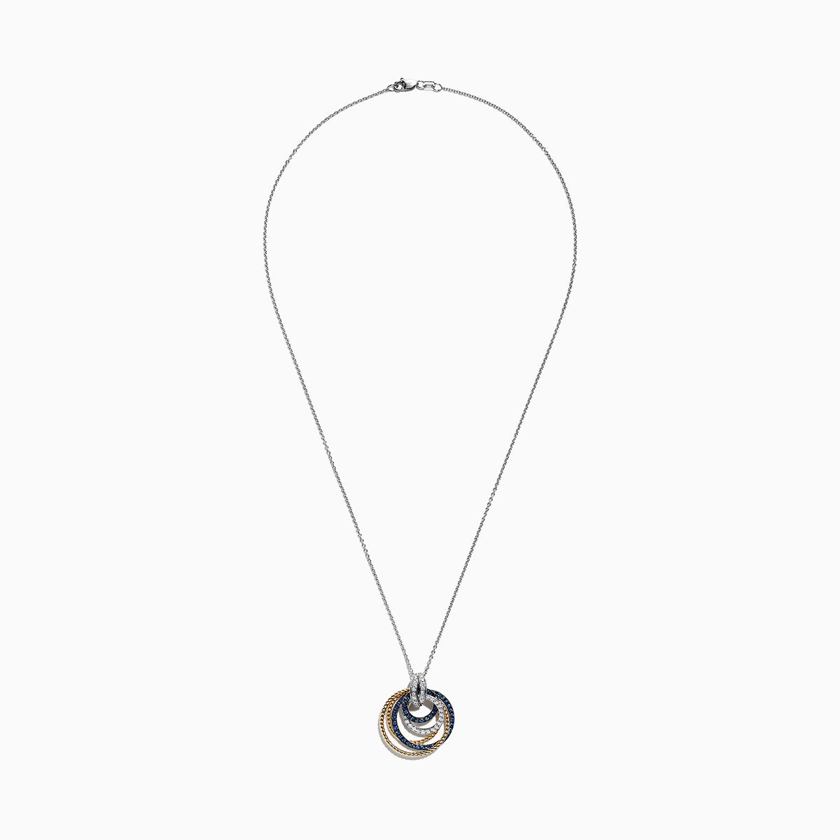 The Royale Bleu 14K 2-Tone Sapphire and Diamond Circles Pendant (1.09 TCW) features interlocking textured circles in gold and silver, encrusted with sapphires and diamonds, elegantly hanging from a delicate silver chain.