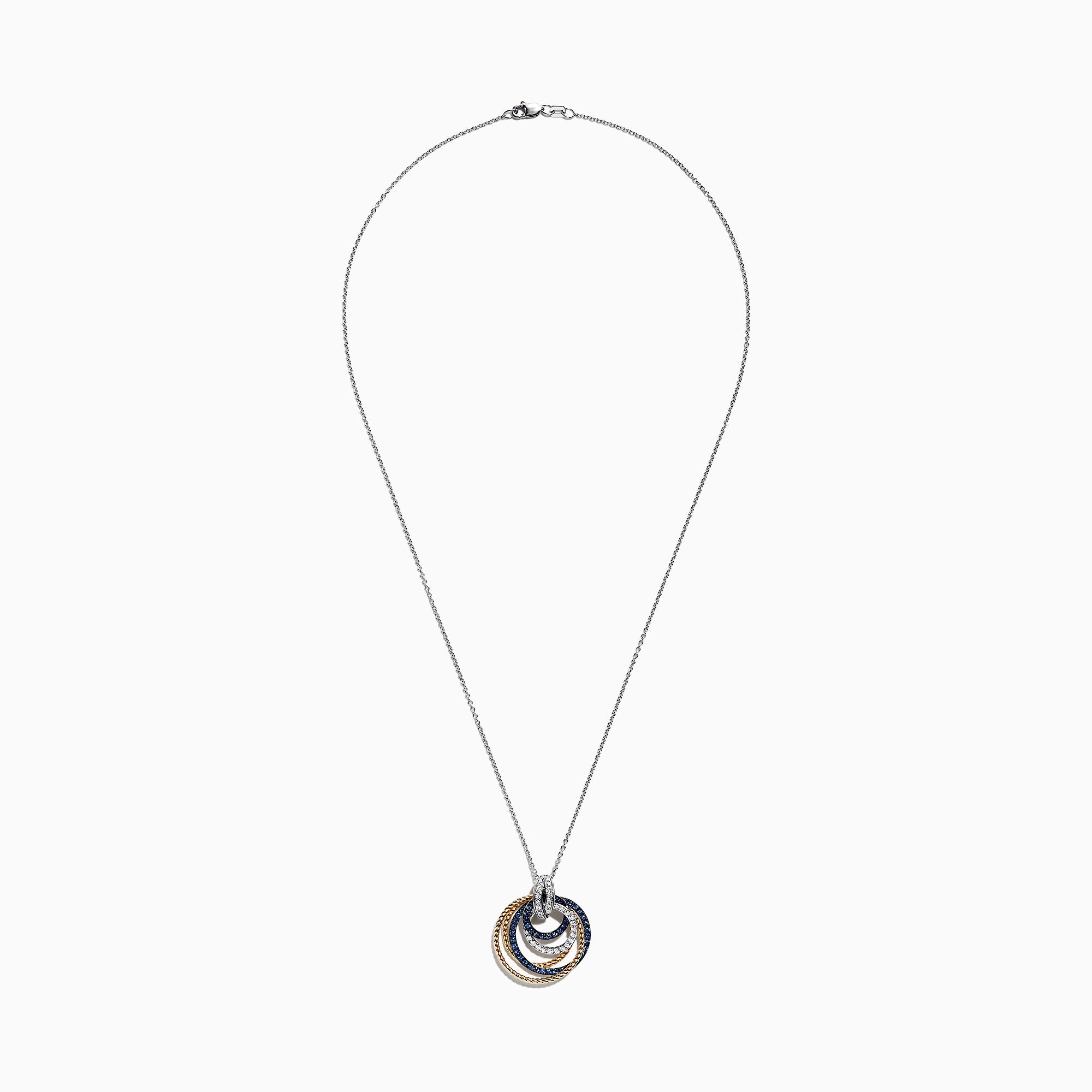 The Royale Bleu 14K 2-Tone Sapphire and Diamond Circles Pendant (1.09 TCW) features interlocking textured circles in gold and silver, encrusted with sapphires and diamonds, elegantly hanging from a delicate silver chain.