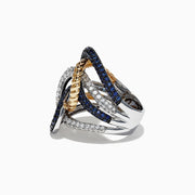 The Royale Bleu 14K 2-Tone Gold Sapphire and Diamond Rope Ring, 2.39 TCW, features interlocking links encrusted with diamonds and sapphires in an intricate, sculptural design against a white background.