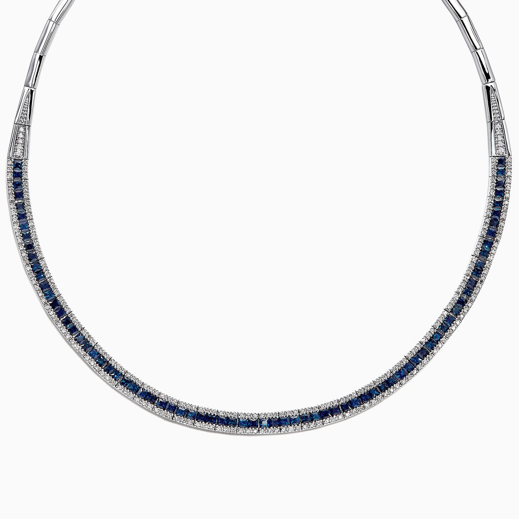 A close-up of the Royale Bleu 14K White Gold Sapphire and Diamond Necklace (11.21 TCW) showcases its elegant, symmetrical design with square sapphires bordered by sparkling diamonds.