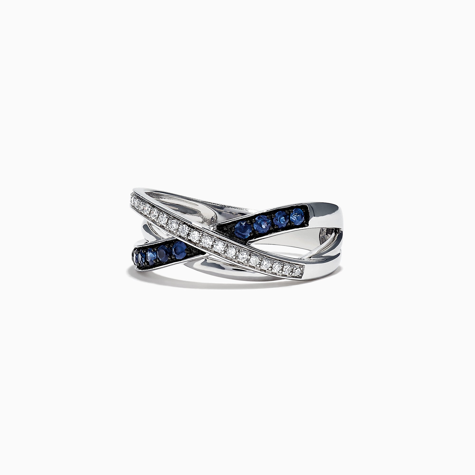 The Royale Bleu 14K White Gold Blue Sapphire and Diamond Ring, 0.39 TCW, showcases an elegant crisscross design with a row of sparkling white diamonds and deep blue sapphires set in overlapping bands.
