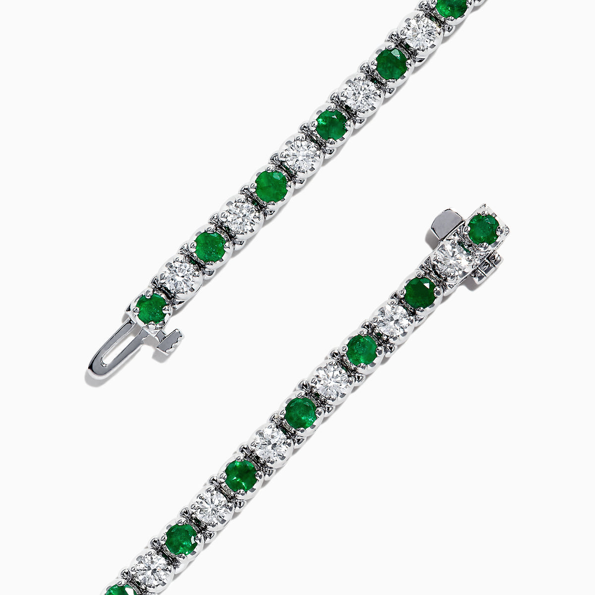 The Brasilica 14K White Gold Emerald and Diamond Tennis Bracelet, 4.78 TCW, showcases alternating emeralds and diamonds, set in polished white gold, displayed on a white background.