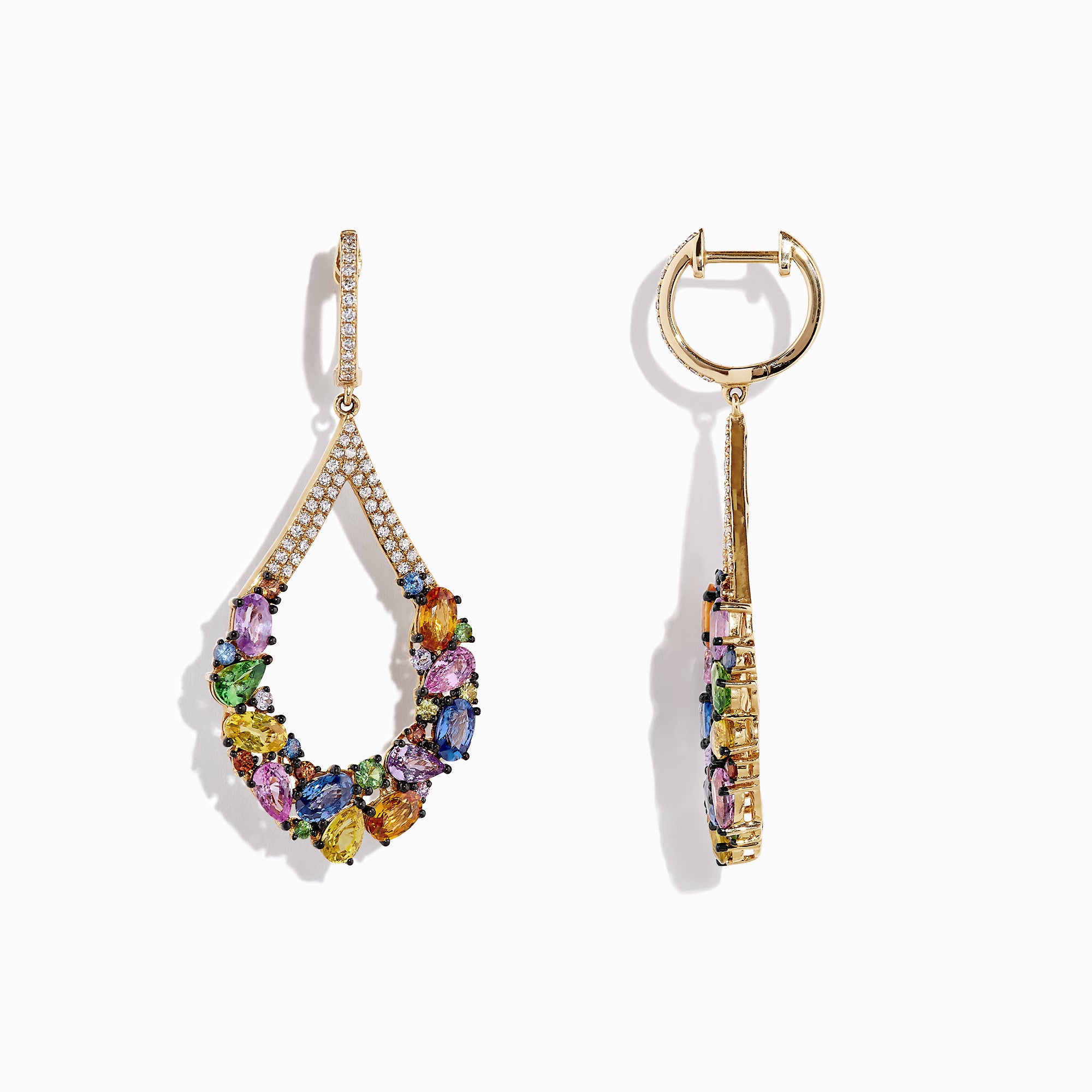 Watercolors 14K Yellow Gold Sapphire and Diamond Earrings, 7.56 CW, feature teardrop shapes with multicolored sapphires and small diamonds on the curves and hooks, shown against a white background.