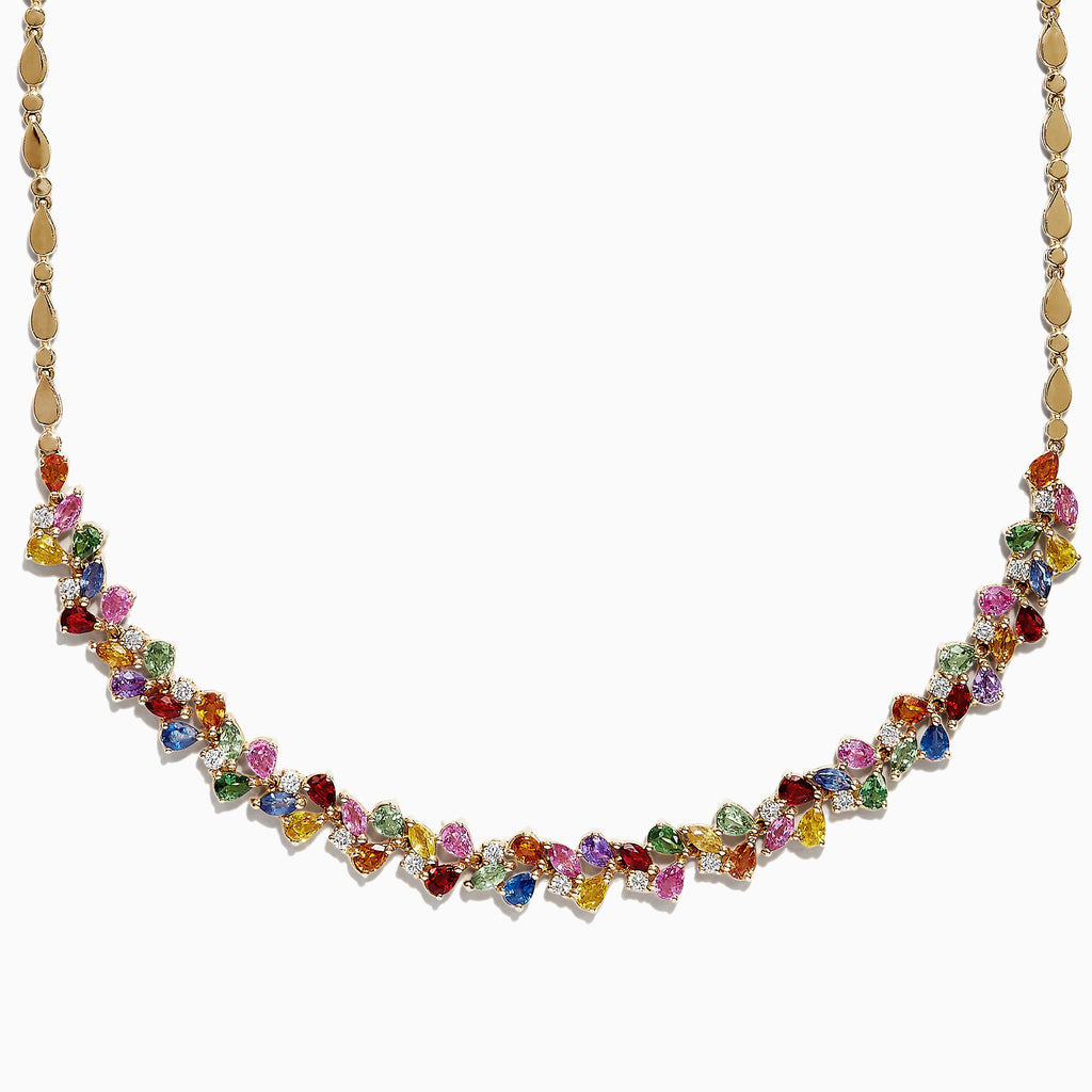 The Watercolors 14K Gold Multi Sapphire & Diamond Necklace, 12.94 TCW, showcases a front cluster of vibrant multi sapphire gemstones in assorted shapes and sizes on a 14K gold chain.
