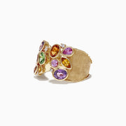 The Watercolors 14K Yellow Gold Multi Sapphire and Diamond Ring (2.46 TCW) features sapphires in green, purple, yellow, orange, and pink hues of various shapes and sizes, accented by sparkling diamonds.