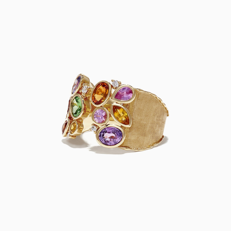 The Watercolors 14K Yellow Gold Multi Sapphire and Diamond Ring (2.46 TCW) features sapphires in green, purple, yellow, orange, and pink hues of various shapes and sizes, accented by sparkling diamonds.
