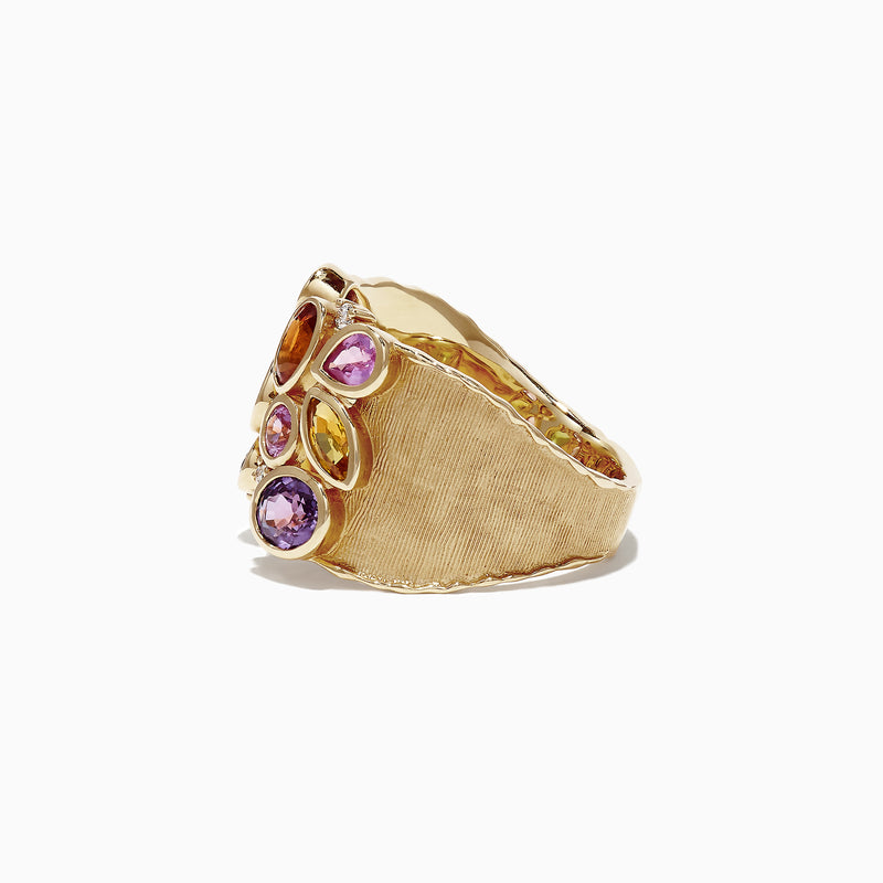 The Watercolors 14K Yellow Gold Multi Sapphire and Diamond Ring (2.46 TCW) features sapphires in green, purple, yellow, orange, and pink hues of various shapes and sizes, accented by sparkling diamonds.