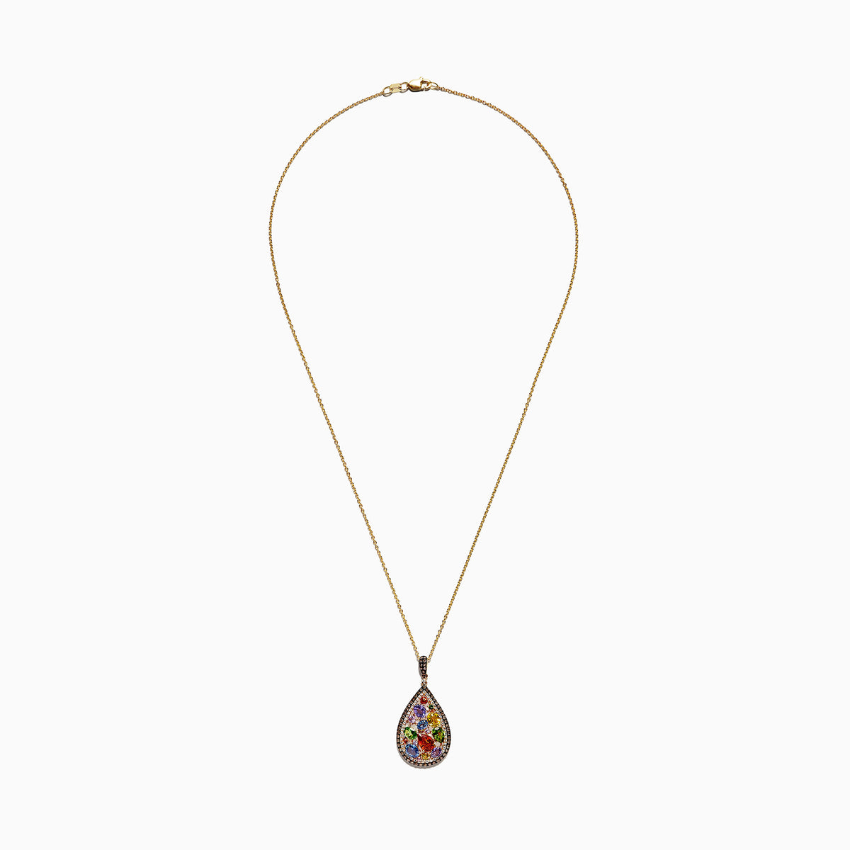 The Watercolors 14K Yellow Gold Multi Sapphire & Diamond Pendant, 4.21 TCW, features vibrant sapphires in various shapes and a sparkling diamond border, set in a teardrop design on a gold chain.