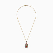 The Watercolors 14K Yellow Gold Multi Sapphire & Diamond Pendant, 4.21 TCW, features vibrant sapphires in various shapes and a sparkling diamond border, set in a teardrop design on a gold chain.