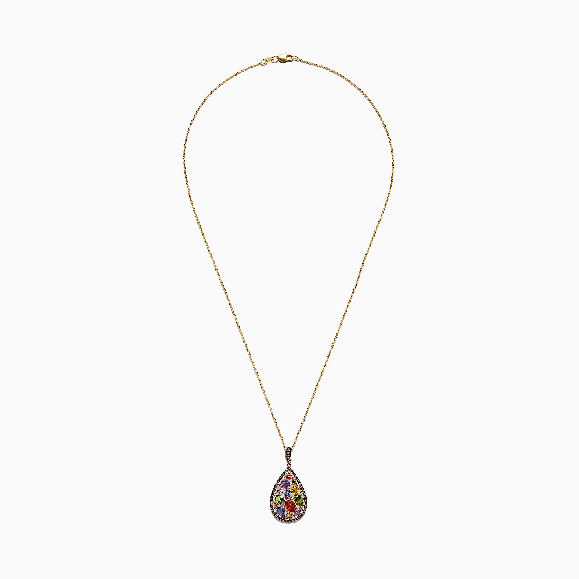 The Watercolors 14K Yellow Gold Multi Sapphire & Diamond Pendant, 4.21 TCW, features vibrant sapphires in various shapes and a sparkling diamond border, set in a teardrop design on a gold chain.