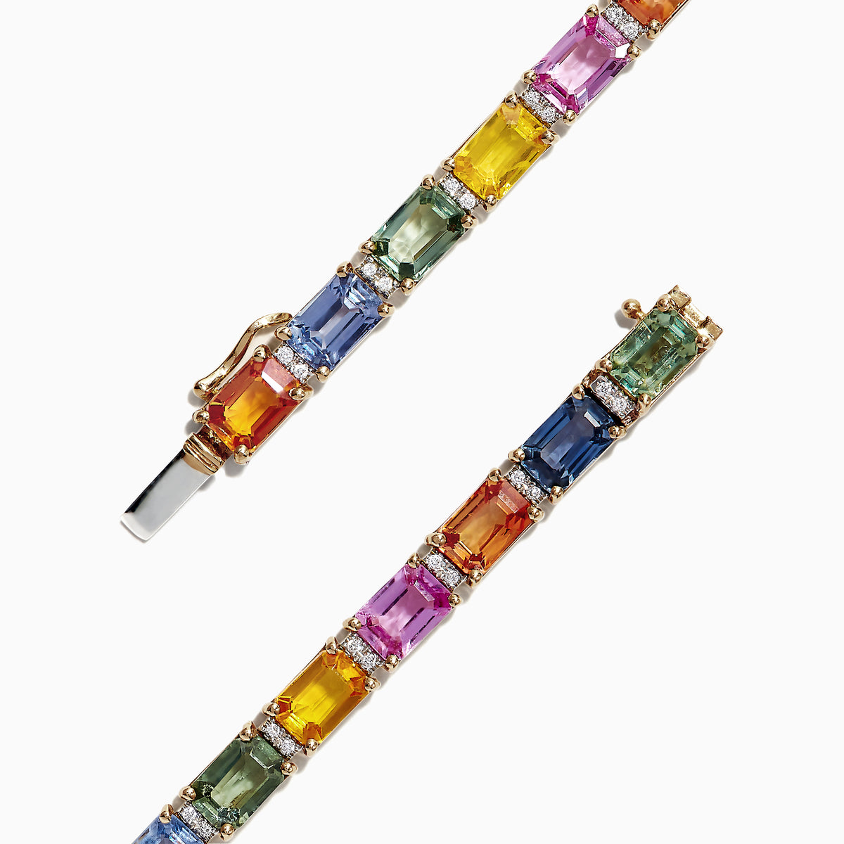 The Watercolors 14K Yellow Gold Multi-Sapphire Diamond Bracelet, 14.51 TCW, showcases rectangular multi-sapphire gemstones in a continuous pattern for a vibrant and elegant accessory.
