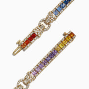 The Watercolors 14K Yellow Gold Multi-Sapphire and Dia Bracelet, 7.66 TCW, showcases square-cut sapphires in a pink-to-blue gradient bordered by round diamonds for a vibrant, elegant look.