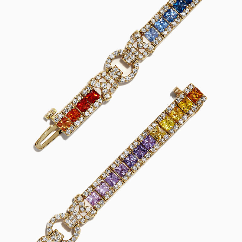 The Watercolors 14K Yellow Gold Multi-Sapphire and Dia Bracelet, 7.66 TCW, showcases square-cut sapphires in a pink-to-blue gradient bordered by round diamonds for a vibrant, elegant look.