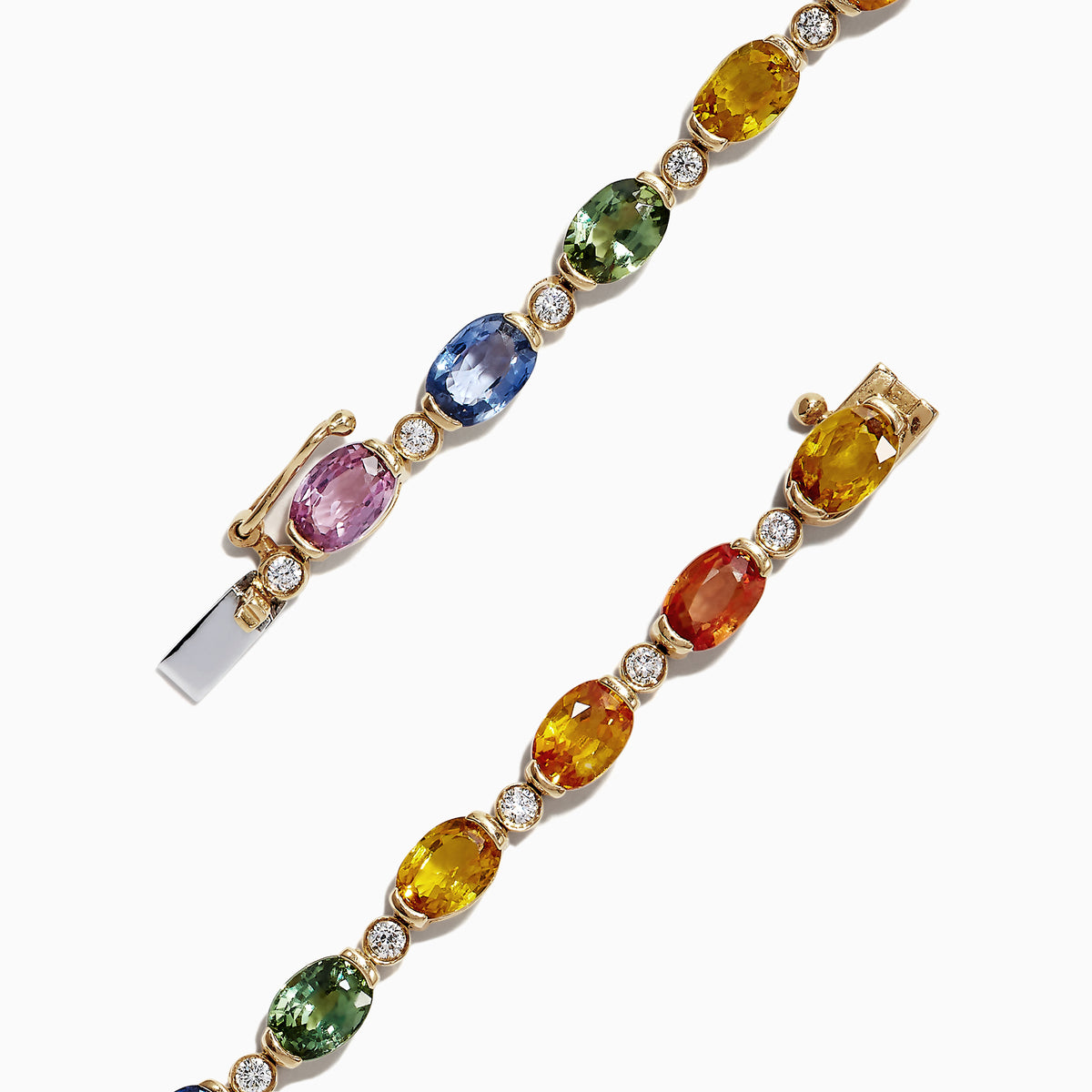 The Watercolors 14K Yellow Gold Sapphire and Diamond Bracelet, 11.20 TCW, features oval sapphires and gemstones in blue, green, yellow, orange, pink, and red evenly spaced around a delicate gold band.