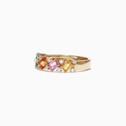 The Watercolors 14K Yellow Gold Multi-Sapphire Diamond Ring, 1.52 TCW, showcases a row of rectangular blue, green, yellow, orange, and pink sapphires with diamond accents, displayed on a white background.